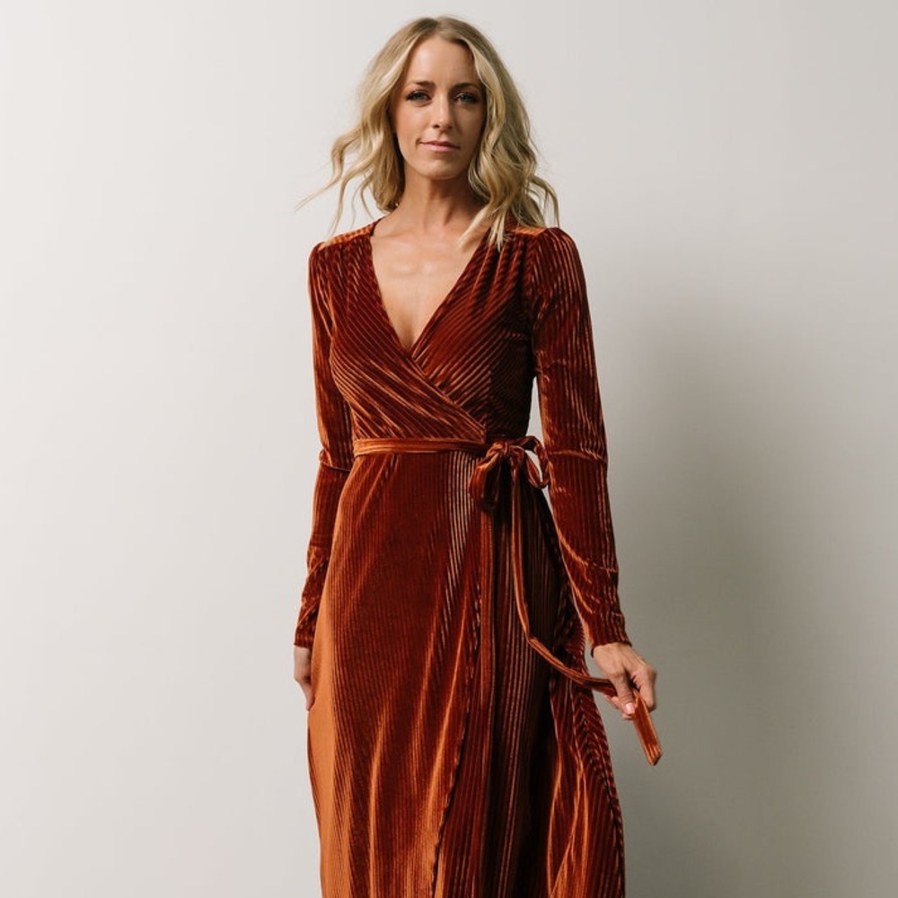 Baltic Born Jada Ribbed Velvet Wrap Dress in Copper